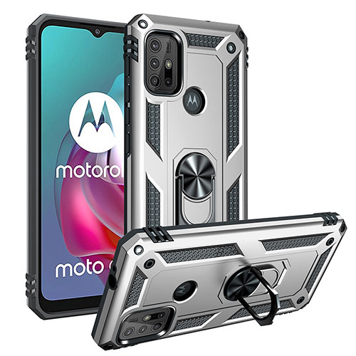 Silicone Matte Finish and Plastic Back Cover Case with Magnetic Finger Ring Stand S01 for Motorola Moto G30 Silver