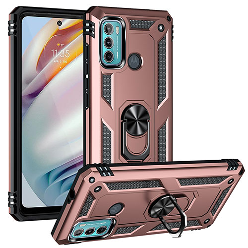 Silicone Matte Finish and Plastic Back Cover Case with Magnetic Finger Ring Stand S01 for Motorola Moto G40 Fusion Rose Gold
