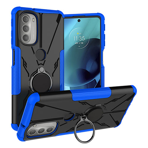 Silicone Matte Finish and Plastic Back Cover Case with Magnetic Finger Ring Stand S01 for Motorola Moto G51 5G Blue