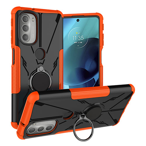 Silicone Matte Finish and Plastic Back Cover Case with Magnetic Finger Ring Stand S01 for Motorola Moto G51 5G Orange