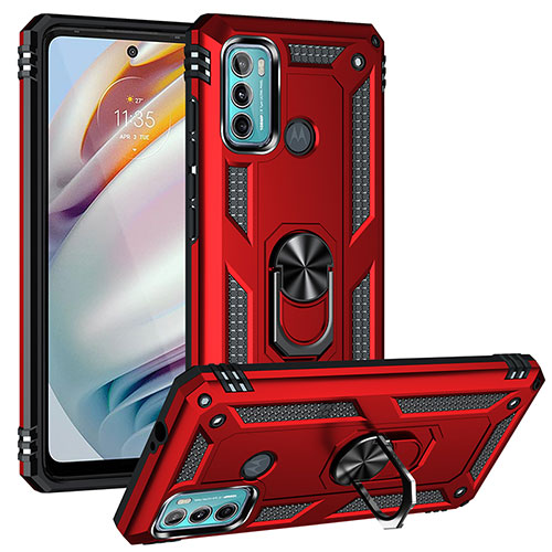 Silicone Matte Finish and Plastic Back Cover Case with Magnetic Finger Ring Stand S01 for Motorola Moto G60 Red