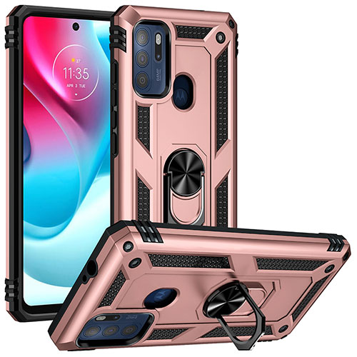 Silicone Matte Finish and Plastic Back Cover Case with Magnetic Finger Ring Stand S01 for Motorola Moto G60s Rose Gold
