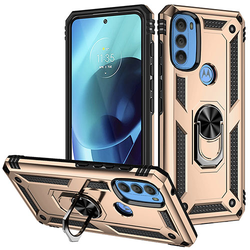 Silicone Matte Finish and Plastic Back Cover Case with Magnetic Finger Ring Stand S01 for Motorola Moto G71 5G Gold