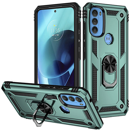 Silicone Matte Finish and Plastic Back Cover Case with Magnetic Finger Ring Stand S01 for Motorola Moto G71 5G Green