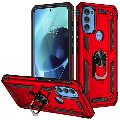 Silicone Matte Finish and Plastic Back Cover Case with Magnetic Finger Ring Stand S01 for Motorola Moto G71 5G Red