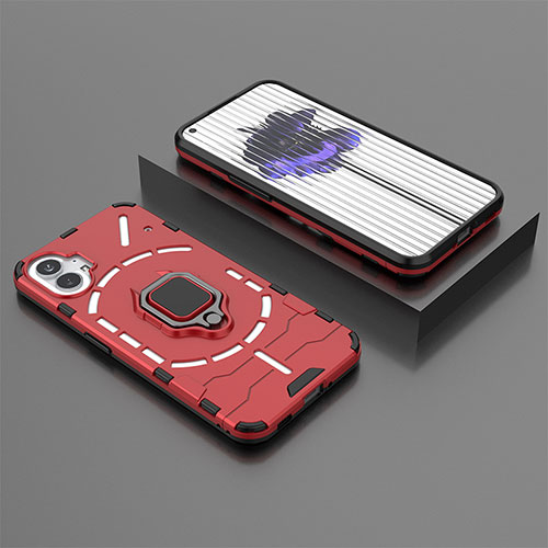 Silicone Matte Finish and Plastic Back Cover Case with Magnetic Finger Ring Stand S01 for Nothing Phone 1 Red