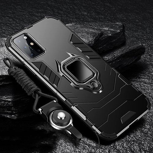 Silicone Matte Finish and Plastic Back Cover Case with Magnetic Finger Ring Stand S01 for OnePlus 8T 5G Black