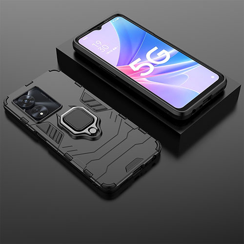 Silicone Matte Finish and Plastic Back Cover Case with Magnetic Finger Ring Stand S01 for Oppo A78 5G Black