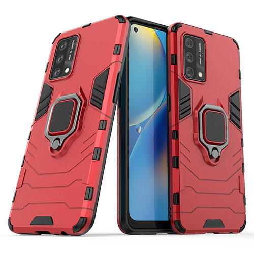 Silicone Matte Finish and Plastic Back Cover Case with Magnetic Finger Ring Stand S01 for Oppo Reno6 Lite Red