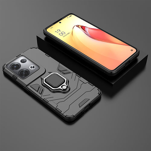 Silicone Matte Finish and Plastic Back Cover Case with Magnetic Finger Ring Stand S01 for Oppo Reno8 Pro+ Plus 5G Black