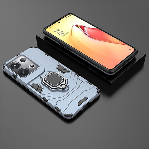 Silicone Matte Finish and Plastic Back Cover Case with Magnetic Finger Ring Stand S01 for Oppo Reno9 Pro+ Plus 5G Blue