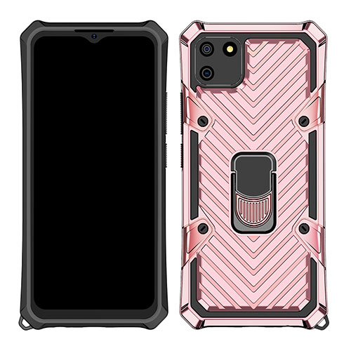 Silicone Matte Finish and Plastic Back Cover Case with Magnetic Finger Ring Stand S01 for Realme C11 Rose Gold