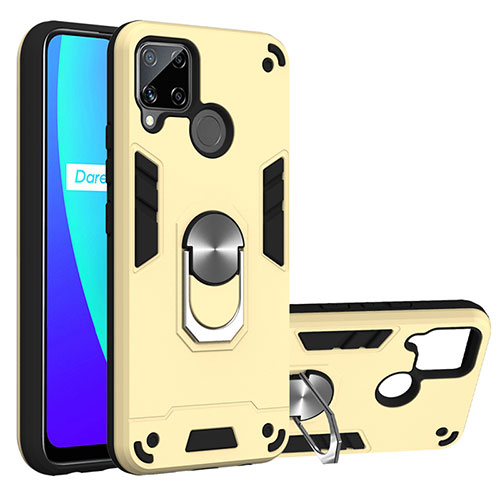Silicone Matte Finish and Plastic Back Cover Case with Magnetic Finger Ring Stand S01 for Realme C15 Gold