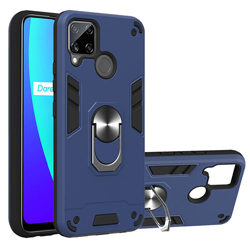 Silicone Matte Finish and Plastic Back Cover Case with Magnetic Finger Ring Stand S01 for Realme C15 Navy Blue
