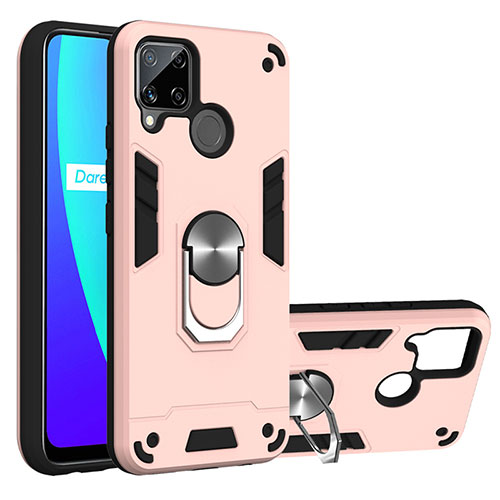 Silicone Matte Finish and Plastic Back Cover Case with Magnetic Finger Ring Stand S01 for Realme C15 Pink