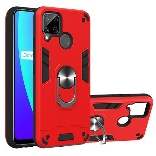 Silicone Matte Finish and Plastic Back Cover Case with Magnetic Finger Ring Stand S01 for Realme C15 Red