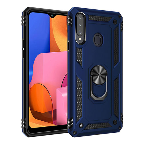 Silicone Matte Finish and Plastic Back Cover Case with Magnetic Finger Ring Stand S01 for Samsung Galaxy A20s Blue