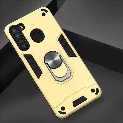 Silicone Matte Finish and Plastic Back Cover Case with Magnetic Finger Ring Stand S01 for Samsung Galaxy A21 Gold