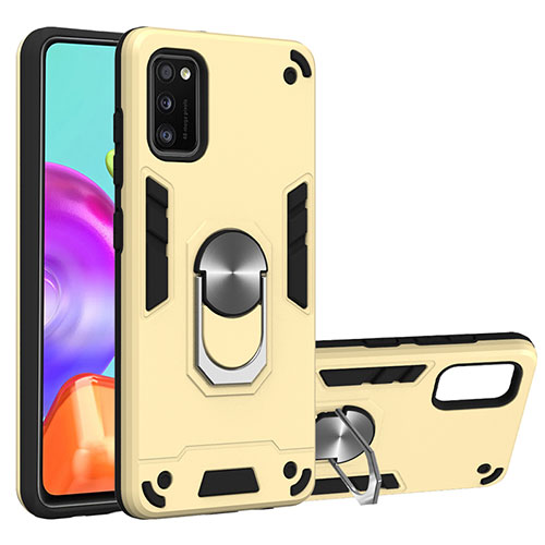 Silicone Matte Finish and Plastic Back Cover Case with Magnetic Finger Ring Stand S01 for Samsung Galaxy A41 Gold