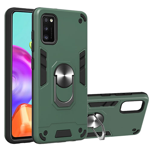 Silicone Matte Finish and Plastic Back Cover Case with Magnetic Finger Ring Stand S01 for Samsung Galaxy A41 Green