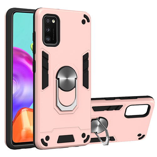 Silicone Matte Finish and Plastic Back Cover Case with Magnetic Finger Ring Stand S01 for Samsung Galaxy A41 Rose Gold