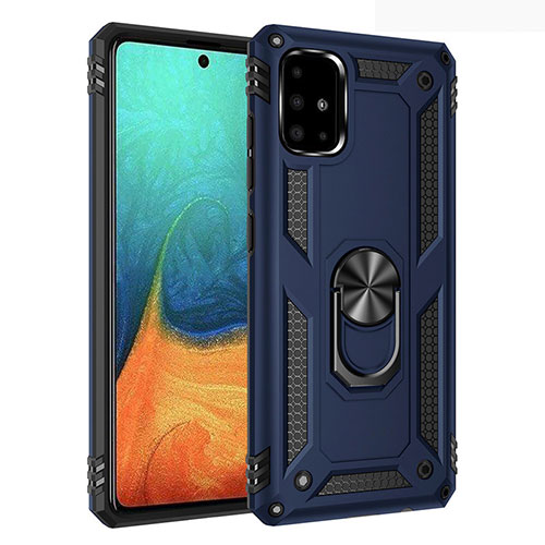 Silicone Matte Finish and Plastic Back Cover Case with Magnetic Finger Ring Stand S01 for Samsung Galaxy A71 5G Blue