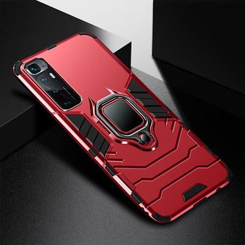 Silicone Matte Finish and Plastic Back Cover Case with Magnetic Finger Ring Stand S01 for Xiaomi Mi 10 Ultra Red