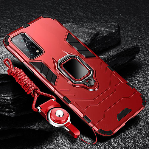 Silicone Matte Finish and Plastic Back Cover Case with Magnetic Finger Ring Stand S01 for Xiaomi Mi 10T 5G Red
