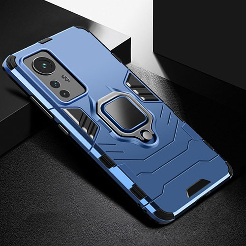 Silicone Matte Finish and Plastic Back Cover Case with Magnetic Finger Ring Stand S01 for Xiaomi Mi 12 5G Blue