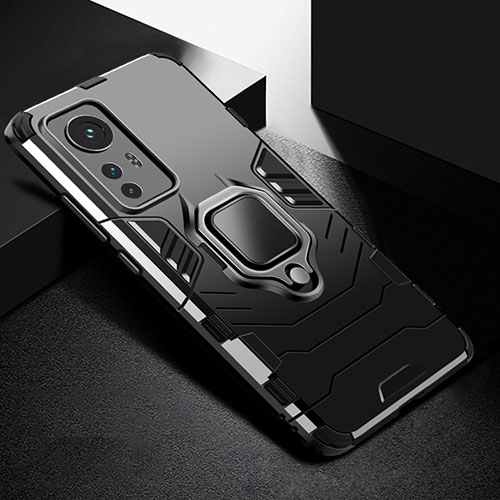 Silicone Matte Finish and Plastic Back Cover Case with Magnetic Finger Ring Stand S01 for Xiaomi Mi 12 Pro 5G Black