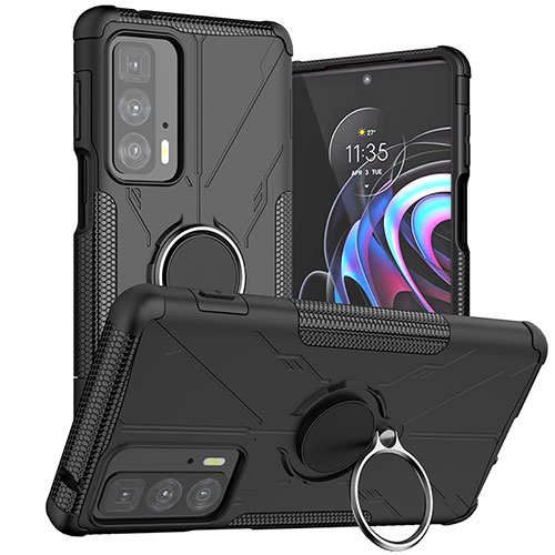 Silicone Matte Finish and Plastic Back Cover Case with Magnetic Finger Ring Stand S02 for Motorola Moto Edge 20 Pro 5G Black