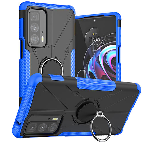 Silicone Matte Finish and Plastic Back Cover Case with Magnetic Finger Ring Stand S02 for Motorola Moto Edge S Pro 5G Blue