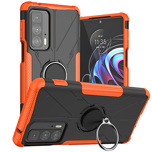 Silicone Matte Finish and Plastic Back Cover Case with Magnetic Finger Ring Stand S02 for Motorola Moto Edge S Pro 5G Orange