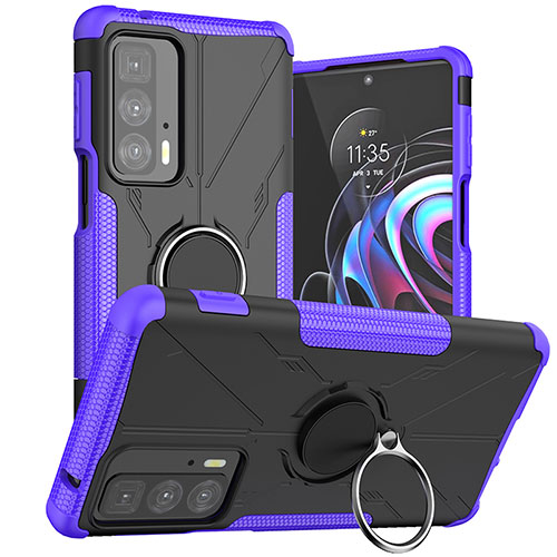 Silicone Matte Finish and Plastic Back Cover Case with Magnetic Finger Ring Stand S02 for Motorola Moto Edge S Pro 5G Purple