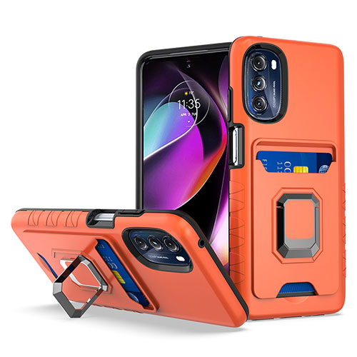 Silicone Matte Finish and Plastic Back Cover Case with Magnetic Finger Ring Stand S02 for Motorola Moto G 5G (2022) Orange