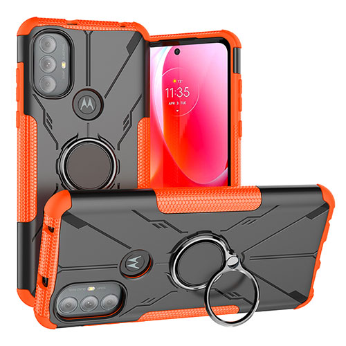 Silicone Matte Finish and Plastic Back Cover Case with Magnetic Finger Ring Stand S02 for Motorola Moto G Power (2022) Orange