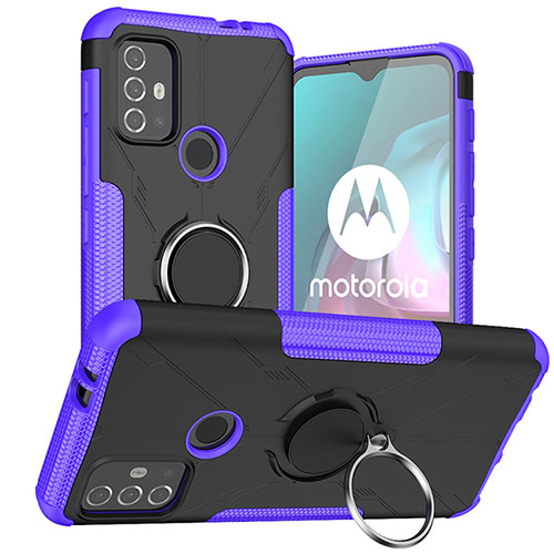 Silicone Matte Finish and Plastic Back Cover Case with Magnetic Finger Ring Stand S02 for Motorola Moto G10 Power Purple