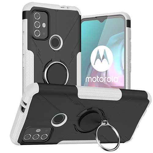 Silicone Matte Finish and Plastic Back Cover Case with Magnetic Finger Ring Stand S02 for Motorola Moto G10 White