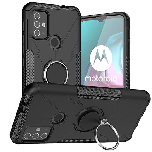 Silicone Matte Finish and Plastic Back Cover Case with Magnetic Finger Ring Stand S02 for Motorola Moto G20 Black