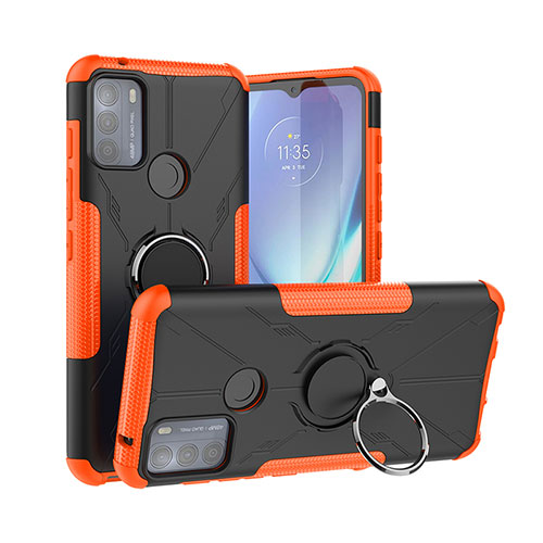 Silicone Matte Finish and Plastic Back Cover Case with Magnetic Finger Ring Stand S02 for Motorola Moto G50 Orange