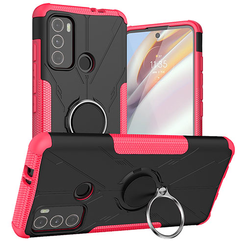 Silicone Matte Finish and Plastic Back Cover Case with Magnetic Finger Ring Stand S02 for Motorola Moto G60 Hot Pink