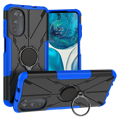 Silicone Matte Finish and Plastic Back Cover Case with Magnetic Finger Ring Stand S02 for Motorola Moto G71s 5G Blue
