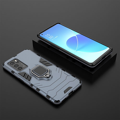 Silicone Matte Finish and Plastic Back Cover Case with Magnetic Finger Ring Stand S02 for Oppo Reno6 Pro 5G India Blue