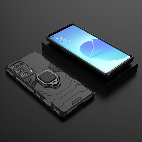 Silicone Matte Finish and Plastic Back Cover Case with Magnetic Finger Ring Stand S02 for Oppo Reno6 Pro+ Plus 5G Black