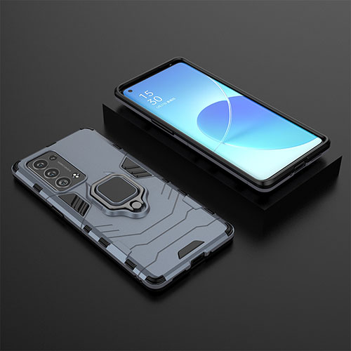 Silicone Matte Finish and Plastic Back Cover Case with Magnetic Finger Ring Stand S02 for Oppo Reno6 Pro+ Plus 5G Blue