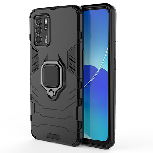 Silicone Matte Finish and Plastic Back Cover Case with Magnetic Finger Ring Stand S02 for Oppo Reno6 Z 5G Black
