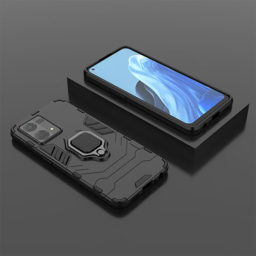 Silicone Matte Finish and Plastic Back Cover Case with Magnetic Finger Ring Stand S02 for Oppo Reno7 4G Black