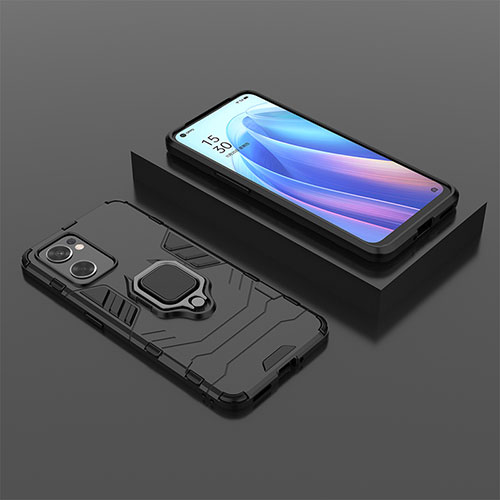 Silicone Matte Finish and Plastic Back Cover Case with Magnetic Finger Ring Stand S02 for Oppo Reno7 SE 5G Black