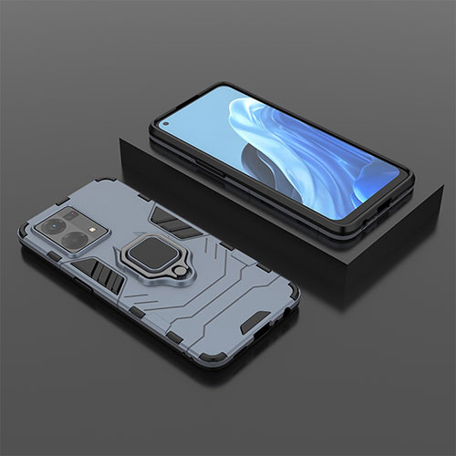 Silicone Matte Finish and Plastic Back Cover Case with Magnetic Finger Ring Stand S02 for Oppo Reno8 4G Blue