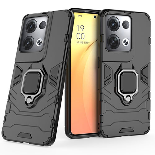 Silicone Matte Finish and Plastic Back Cover Case with Magnetic Finger Ring Stand S02 for Oppo Reno9 Pro+ Plus 5G Black